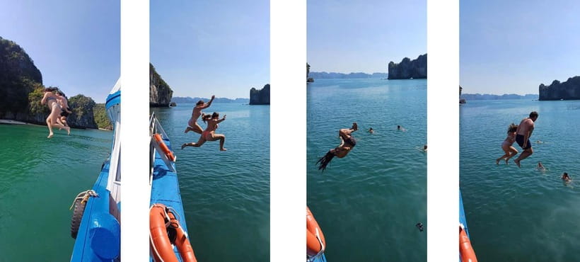 CAT BA: LAN HA & HALONG BAY – KAYAK, BIKE, LUNCH, SNORKEL - Floating homes and the first views of Lan Ha Bay