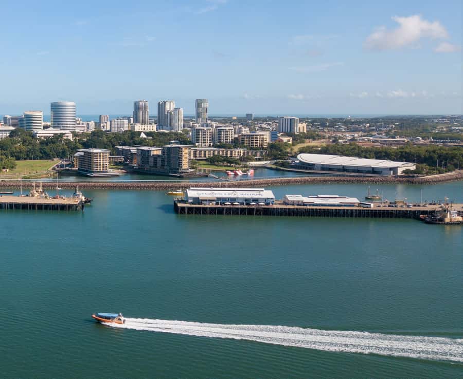 Darwin Harbour Cruise - Leaving Stokes Hill Road and seeing Darwin from offshore